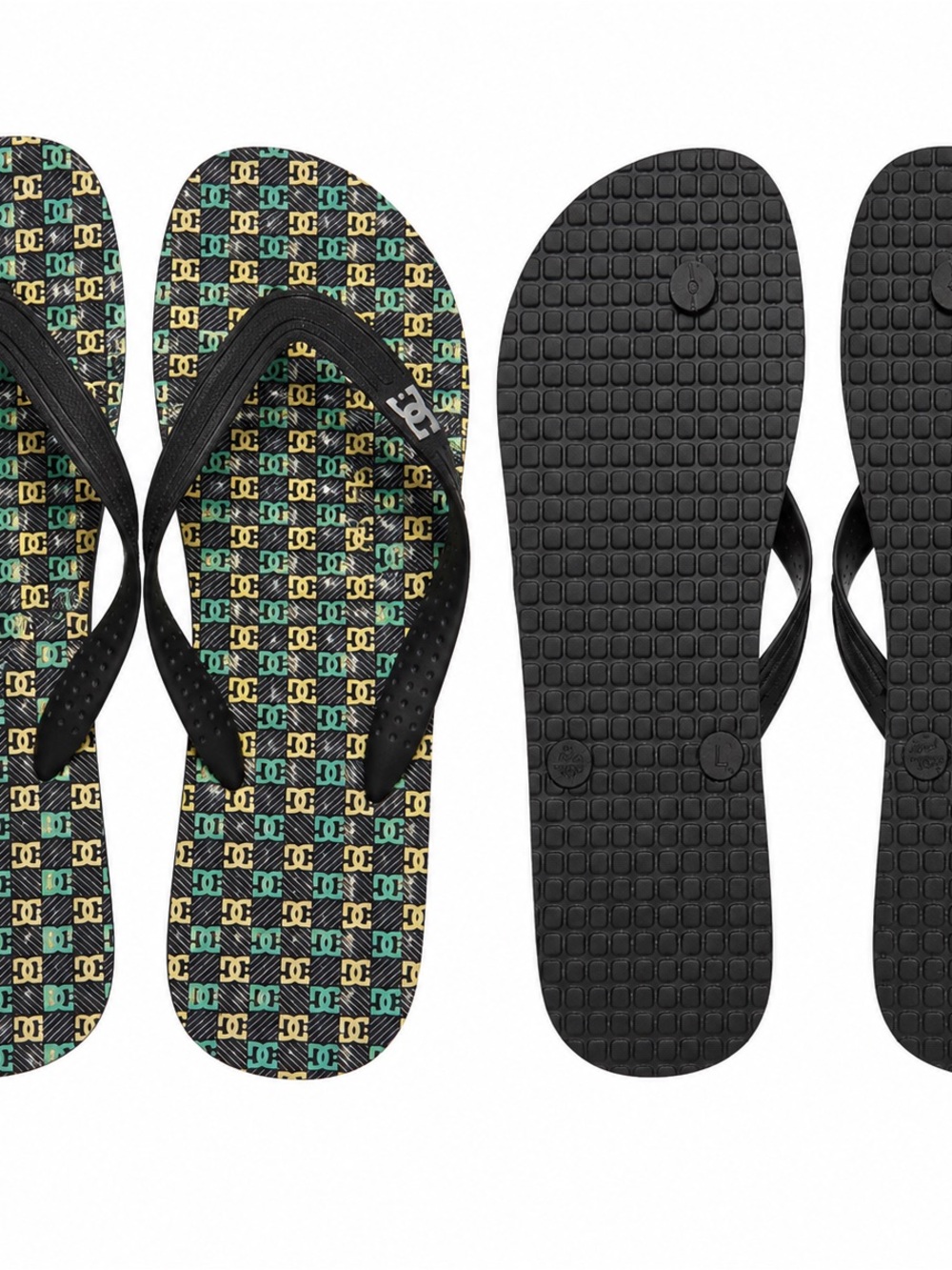 DC Black Flip Flop Sandals with Yellow and Teal Logo Pattern